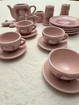 Sanrio Hello Kitty Pink Ceramic Tea Set Teapot Cups Plates Creamer Collectible