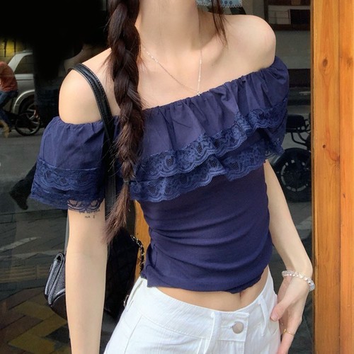 T-shirt à épaules dénudées en dentelle pour femme haut d'été décontracté - Picture 3 of 56