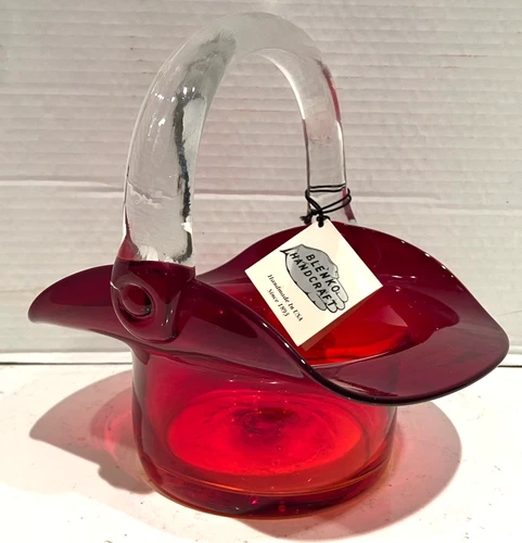 VTG BLENKO GLASS RED AMBERINA BASKET VASE W/ CLEAR HANDLE 2002, TAGS. MCM