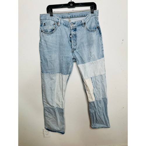 Levi's 501 Blue 100% Cotton Denim Patchwork Freehand Folk Jeans Size W 32 L 30 - Picture 4 of 17