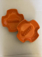 Vintage Set Of 2 MCM 1970’s Orange Ashtrays USA Ceramic Brown Underlay 8.5 X 8.5