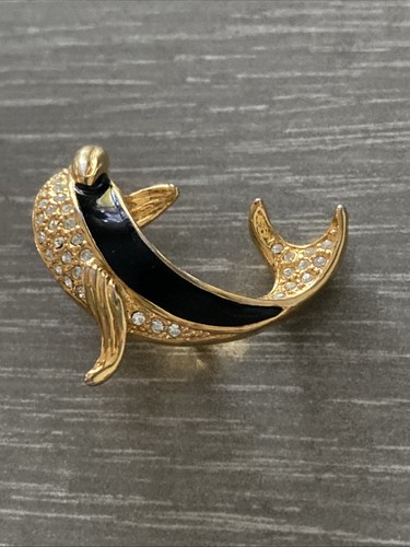 Vintage Dolphin Black Gold Tone Enamel Gold Tone Rhinestone Pin Brooch - Picture 6 of 7
