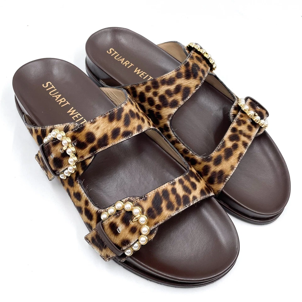 Sandálias Stuart Weitzman Piper Slide fivela perolada creme chita cal cabelo tamanho 10.5 - Imagem 2 de 4