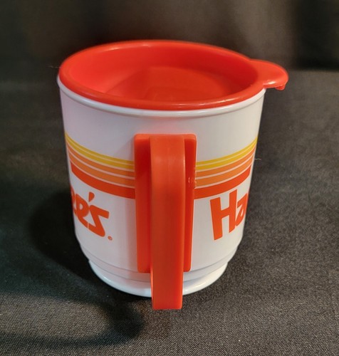 Taza de viaje Whirley Industries Hardee's comida rápida blanca naranja sol años 80 de colección con tapa - Imagen 2 de 12