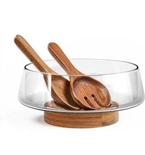 Extra Large Glass Salad Bowl Set with Acacia Wood Base without Serving Utensils