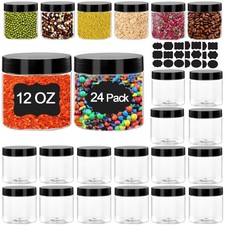 24 Pack 12 Oz Jars With Lids, Round PET Plastic Jar With Black Lids, Extra La...