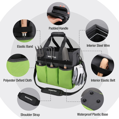 Garden Tool Bag Organizer, Heavy Duty Gardening Tote Bag with 10 Pockets and Lon - Picture 3 of 12