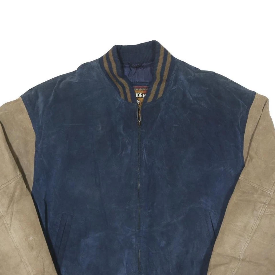 GLOBAL IDENTITY Mens Navy & Tan Leather Bomber L Leather Colourblock Zip Jacket - Image 2 of 4