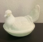 Vintage White Milk Glass Hen on Nest Oval Covered Dish w/ Lid 7 in