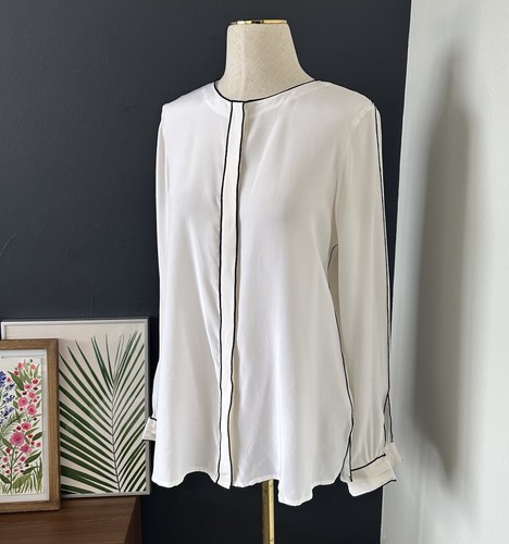 Etcetera Damen 100% Seide Langarm Bluse Top Shirt weiß schwarz Paspel Gr. 4 - Bild 2 von 12