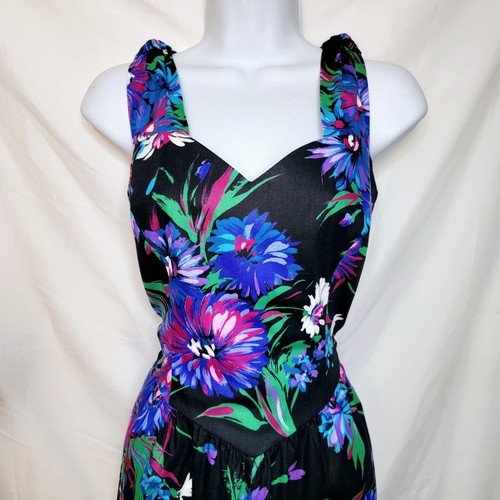 Vestido Floral Lanz Originals Línea A Multicolor Negro Púrpura Azul Talla 6
