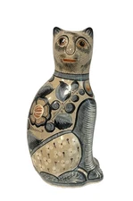 Vintage Large Mexican Tonala Sitting Cat Folk Art Hand Painted Clay Pottery