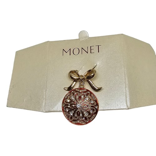 Broche prendedor vintage Monet esmalte rojo y diamantes de imitación adorno de Navidad arco - Imagen 4 de 15
