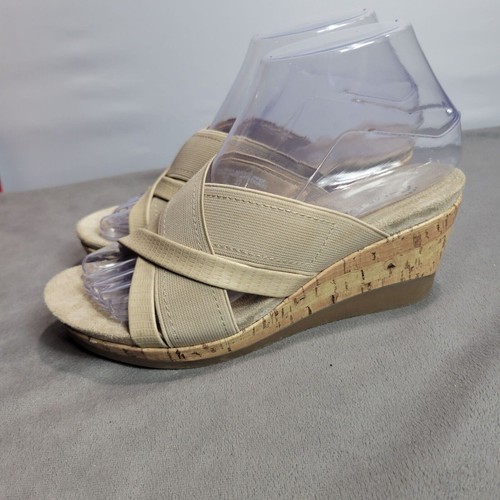 Wear Ever Stretchy Comfort Slip On Boho Heels Beige Cork Wedge Sandals Size 6 - Picture 6 of 7