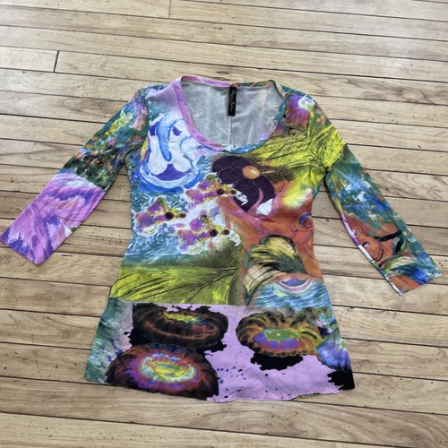 Elana Kattan Psychedelic Top Women L Abstract 3/4 Sleeve Scoop Mesh Hippie Rave - Picture 24 of 24