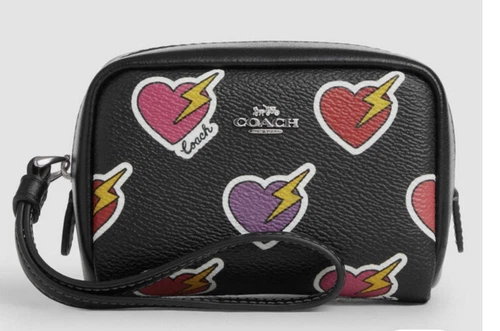 Coach Pochette nera da polso con stampa bullone cuore nuova con etichetta