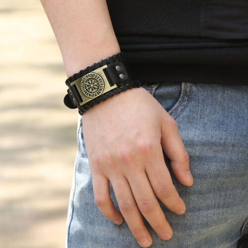 Men's Norse Viking Vegvisir Rune Leather Cuff Wristband Bracelet Amulet Jewelry - Picture 4 of 6