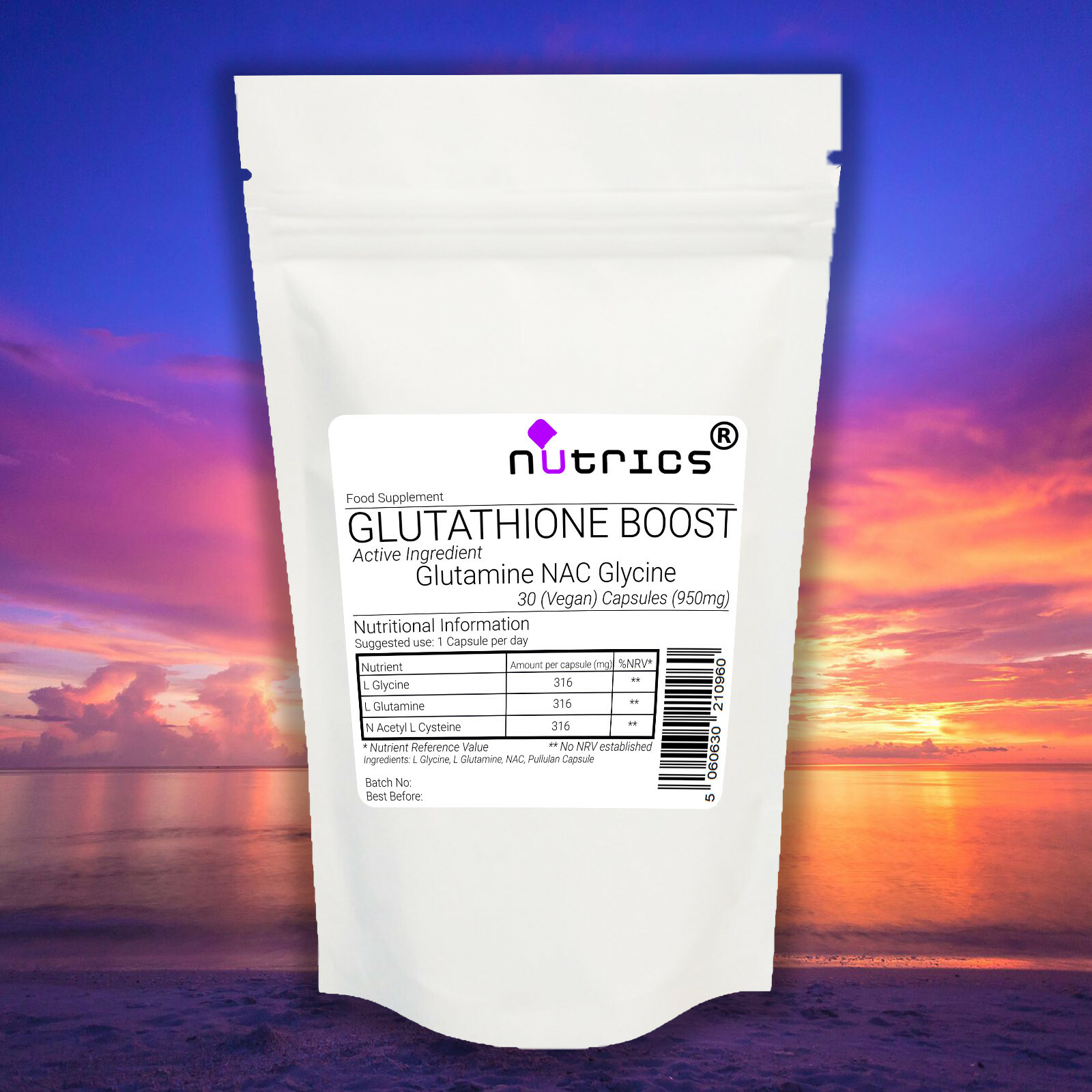 Cápsulas fuertes puras Nutrics® 950 mg GLUTATIÓN BOOST NAC GLUTAMINA GLICINA