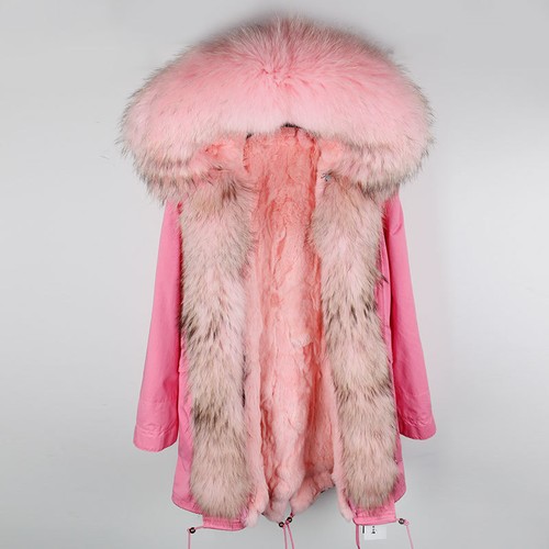 Cappotto Cappuccio Donna Vera Pelliccia di Procione Fodera Coniglio Giacca Lunga Finitura Pelliccia Cappotto - Foto 31 di 41