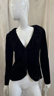HANKY PANKY NEW! VINTAGE! Black Velvet Ruffled Collar Cropped Cardigan Sz M