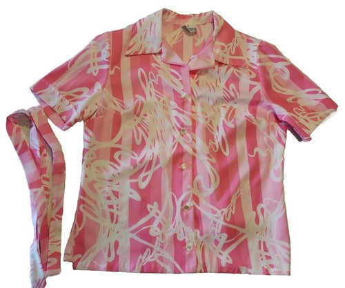 Vintage Bow Top Womens M Pink Floral Polyester Short Sleeve Button Up Blouse - Picture 4 of 12