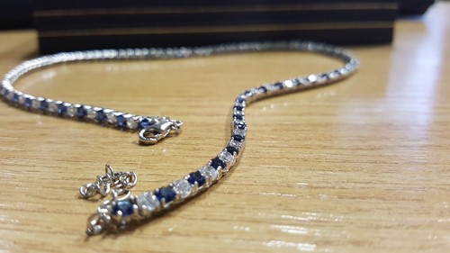 Platinum finish ladies created diamonds Tennis Necklace  16inch unique sapphire  - Picture 2 of 10