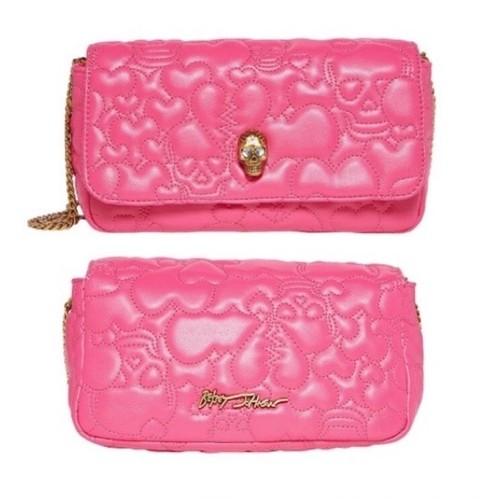 Betsey Johnson Hot Pink Quilted Skull Skeleton Bag Chain Strap Crossbody RARE