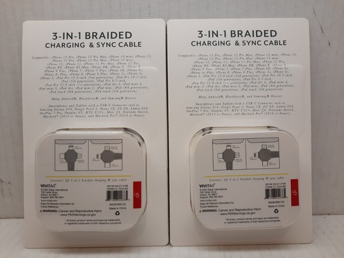 2 Packs NEW 3-In-1 Braided Charging & Sync Cable USB-C Micro USB Apple 8 PIN - Picture 2 of 3