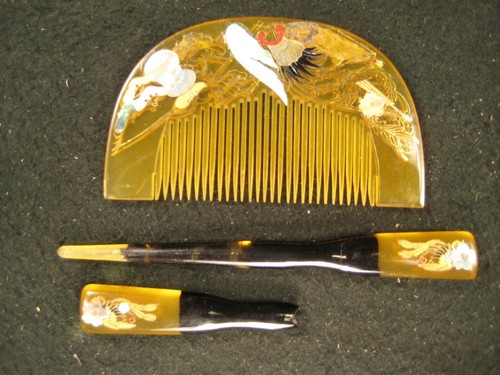 JUEGO PEINE KUSHI ANTIGUO JAPONÉS ERA TAISHO c.1920 dorado makie y madreperla - Imagen 15 de 24