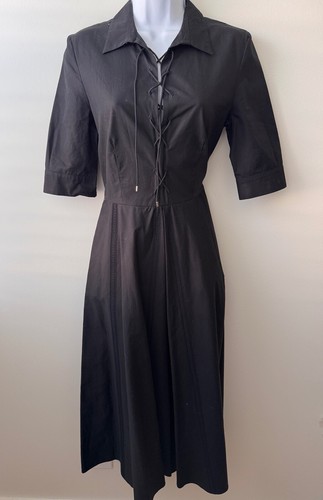 Les Copains Sz M Womens Black Midi Shirt Dress Lace Up 3/4 Sleeve Fit Flare