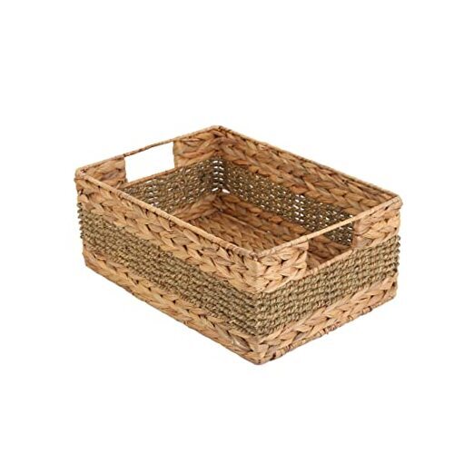 Natural Water Hyacinth Storage Basket with Handle – Rectangular Woven Wicker Organizer  
