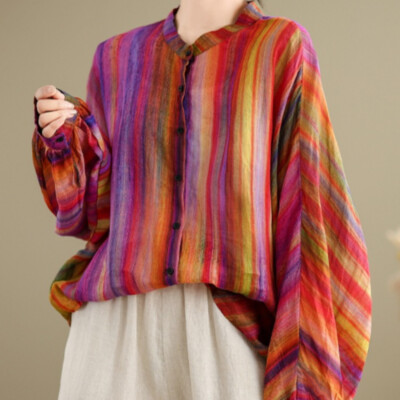 Women Ethnic Rainbow Striped Batwing Sleeve Blouse Shirt Loose Top Office Daily