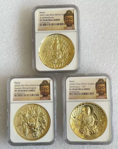 3 types of -NGC PF70 China Guanyin commemorative Gilt copper medal， Thickened