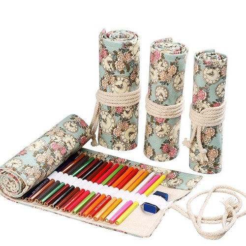 12-72Holes Colored Roll Up Pencil Case Canvas Wrap Pen Bag Pouch Storage Holder - Picture 11 of 23