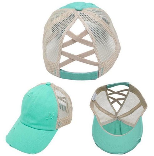 Ponytail Cap Criss Cross Cap Ripped Messy Bun Adjustable Mesh Baseball Hat - Picture 4 of 17