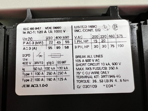 👀 NEW SIEMENS 70-90A REVERSING COMBINATION STARTER 24V COIL 3RA1240-4LB46-0BB4 - Picture 10 of 15