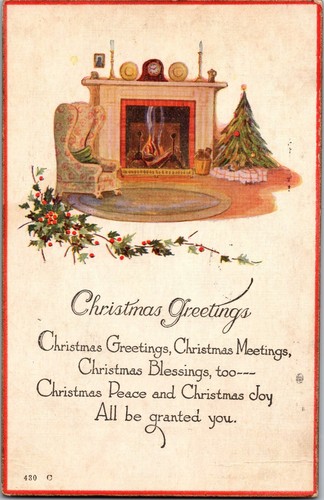 Auguri di Natale Scena Camino Albero Agrifoglio 1927 Db Cartolina