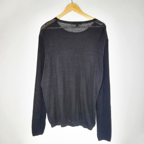 JOHN VARVATOS Black Linen Open Knit Sweater Size L Crewneck Ribbed Arms - Picture 2 of 10
