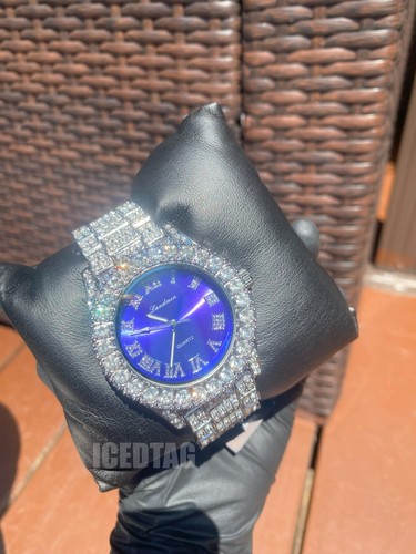 HIP HOP ICED BLING OUT SILVER PLATED LAB DIAMOND WATCH & BRASS RING MEN GIFT SET - Picture 14 of 23