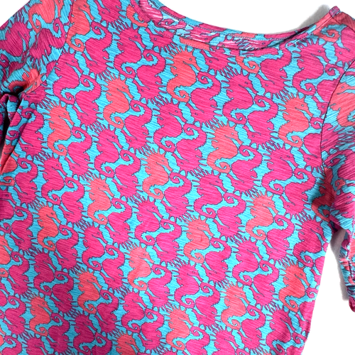 Lilly Pulitzer Cotton Dress Girls XL 12-14 Pink Blue Seahorses 3/4 Sleeves - Picture 3 of 7