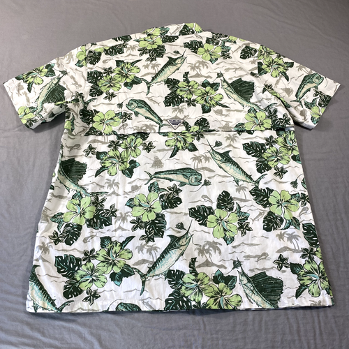 Columbia PFG Shirt Mens XL White Green Tuna Print Button Up Vented Fishing - 第 2/12 張圖片