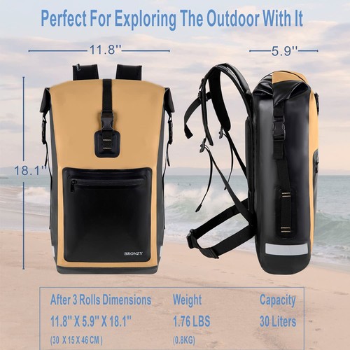 Waterproof Backpack Dry Bag 30L Roll Top Closure With Front Zippered Pocket H... - Picture 2 of 7