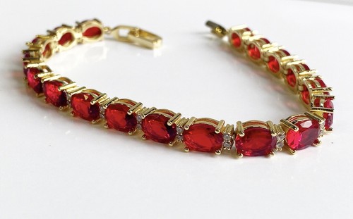 Yellow gold finish red ruby and created diamond Oval tennis bracelet gift idea - Picture 5 of 10