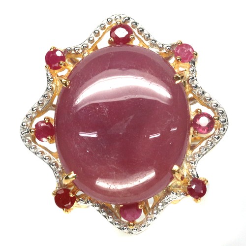 Heated 17 X 21 mm. Oval With Round Red Ruby Women Ring 925 Silver 18K Gold - Picture 2 of 5