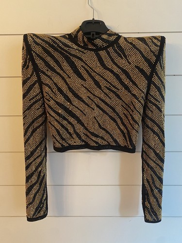 NOVA LUXE kurzes schwarz & goldfarbenes Oberteil, Tigerdruck, Größe Medium