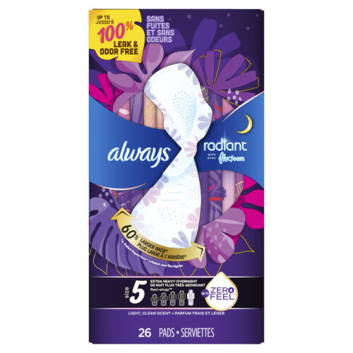 Always Radiant Feminine Pads, Size 5 Extra Heavy Overnight, with Wings, 26 CT - Picture 8 of 8