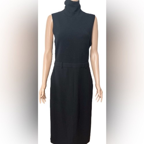 Theory Dress 10 Black Sleeveless Turtleneck Midi Wool Blend Crepe Stretch Lined - Picture 2 of 7