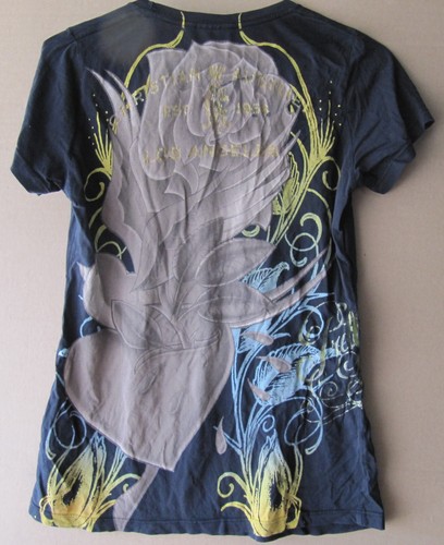Christian Audigier~Womens Black Shirt Size M Rose~Heart~Bird~Bejeweled Y2K girls - Picture 5 of 7
