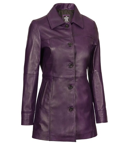Women's New Designers Slim Fit Real Lambskin Purple Leather Car Trench Long Coat - Picture 3 of 6