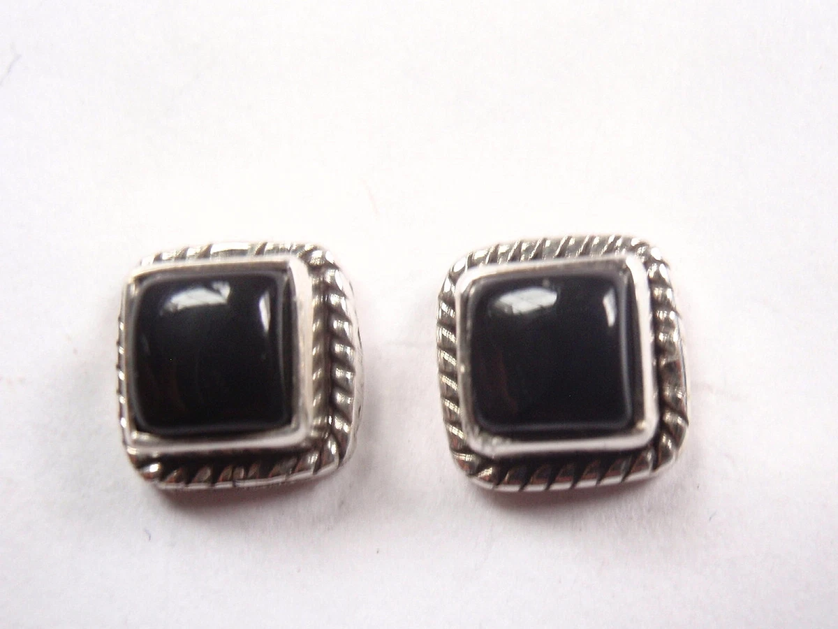 Black Onyx 925 Sterling Silver Square Stud Earrings with Rope